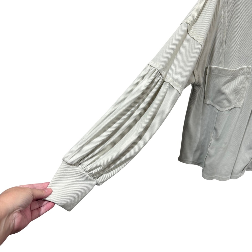 BTFBM‎ Womens Cream Ribbed V-Neck Balloon Sleeve Pocket Top Small 7091 - Picture 3 of 8